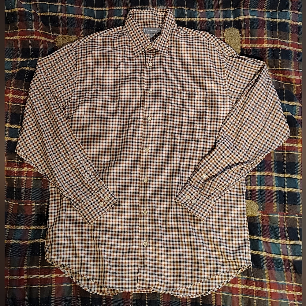 Hickey Freeman Brown and Blue Checkered Button Down Shirt